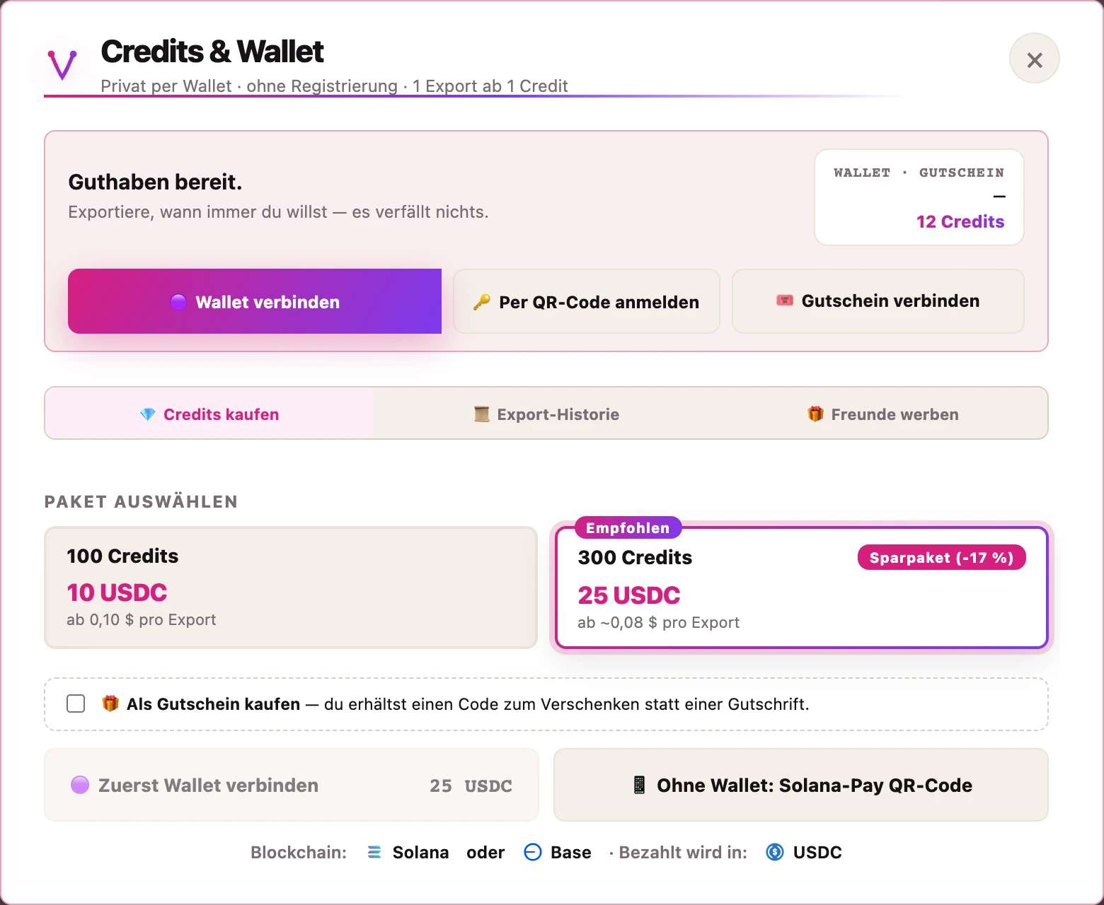 Das Credits-und-Wallet-Fenster: Pakete 100 Credits für 10 USDC und 300 Credits für 25 USDC als empfohlenes Sparpaket, Wallet verbinden, QR-Anmeldung, Gutschein und Solana-Pay-Option