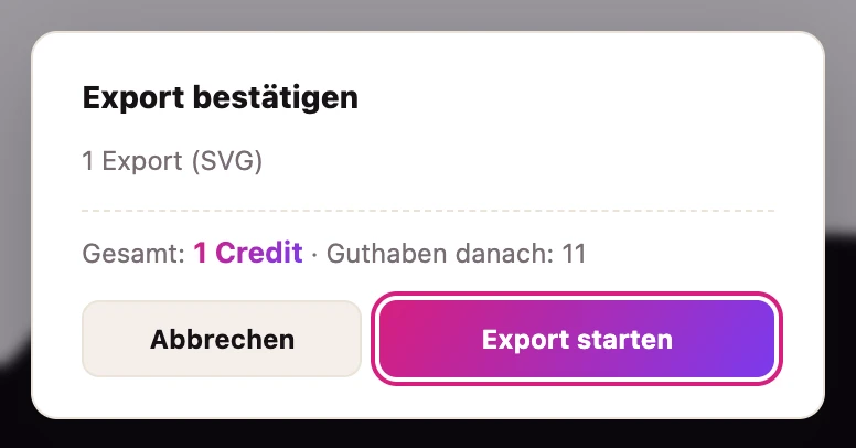 Export-Bestätigung: Auflistung 1 Export SVG, Gesamt 1 Credit, Rest danach 11 Credits, mit Knöpfen Abbrechen und Exportieren