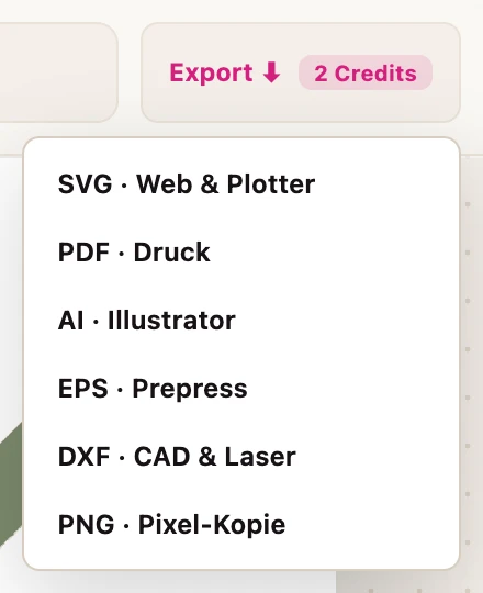 Das aufgeklappte Export-Menü am Konsolen-Knopf mit allen sechs Formaten und dem aktuellen Preis von 2 Credits