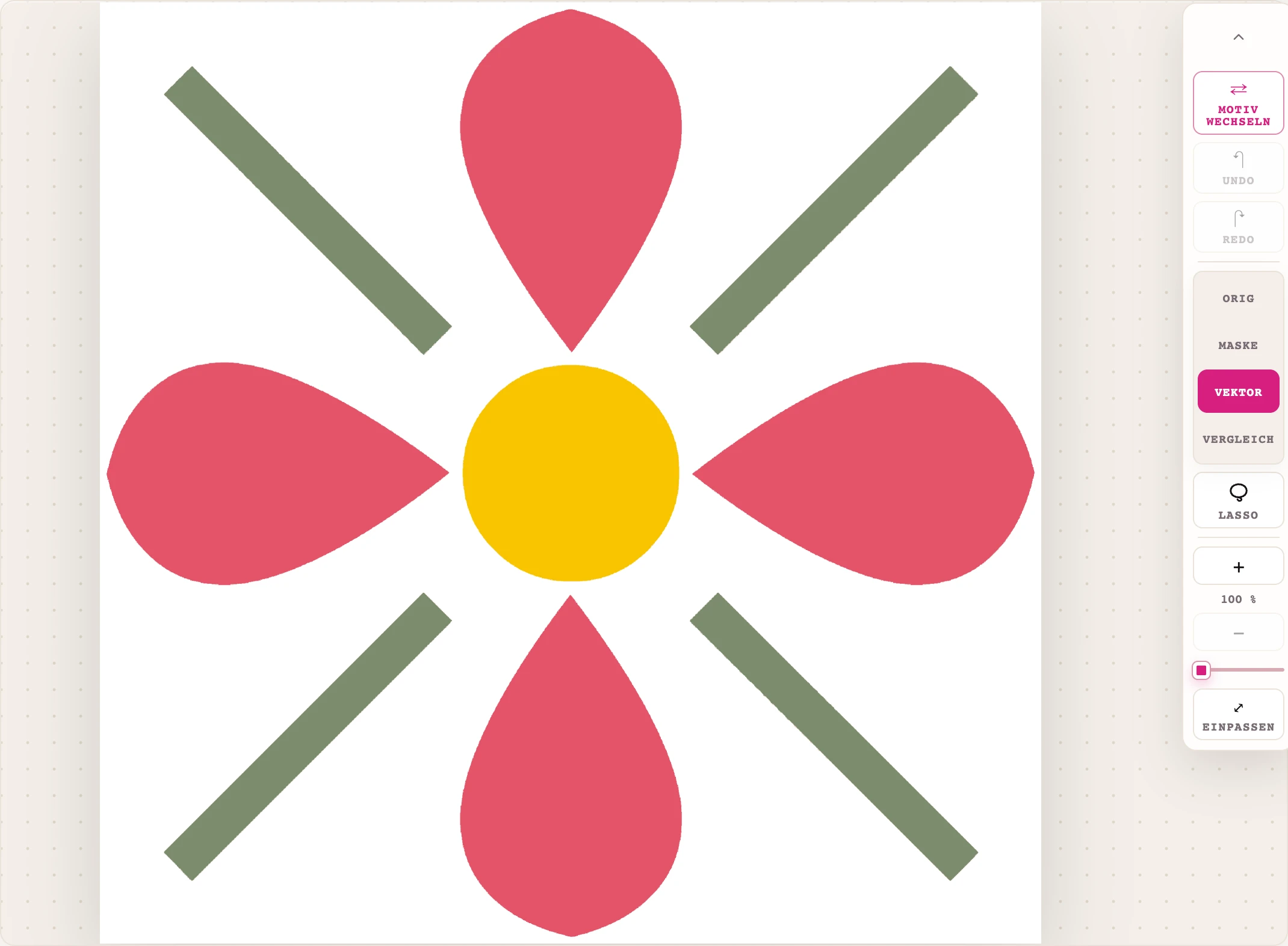 Farb-Vektorisierung eines Blumen-Ornaments: rosa Blütenblätter, grüne Diagonalen und gelbes Zentrum als saubere Vektorflächen