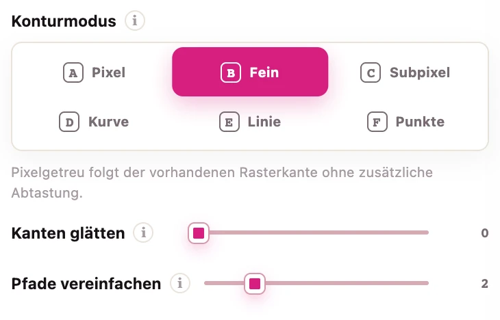 Form-Tab mit sechs Konturmodi: Pixel, Fein, Subpixel, Kurve, Linie und Punkte, darunter Regler für Kanten glätten und Pfade vereinfachen