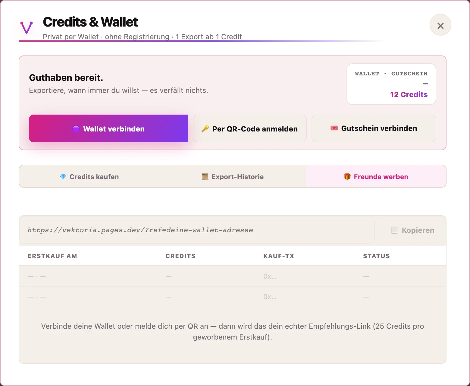 Der Tab Freunde werben mit persönlichem Empfehlungs-Link und einer Tabelle für geworbene Erstkäufe mit Credits, Kauf-Transaktion und Status