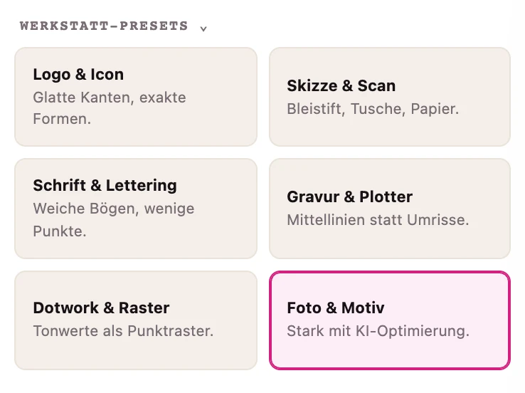 Sechs Werkstatt-Presets: Logo und Icon, Skizze und Scan, Schrift und Lettering, Gravur und Plotter, Dotwork und Raster, Foto und Motiv