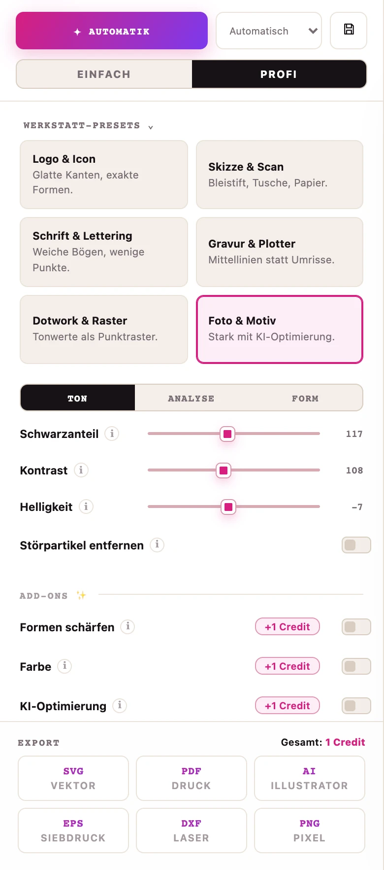 Profi-Modus: Tabs Ton, Analyse und Form mit Reglern für Schwarzanteil, Kontrast und Helligkeit sowie Add-ons und Export