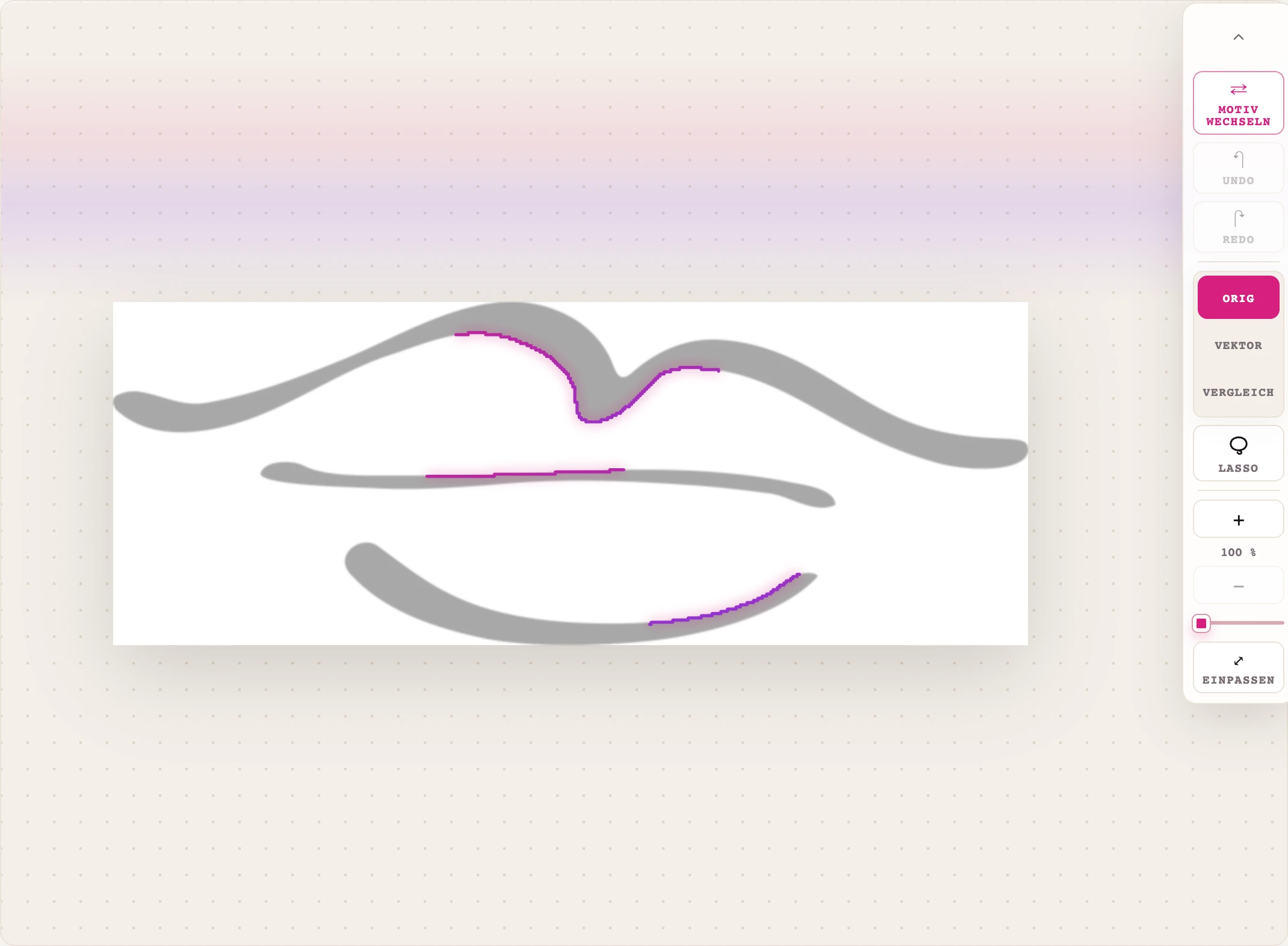 Scan-Animation: Eine leuchtende Magenta-Linie fährt die Kontur einer Handzeichnung ab, während das Motiv abgedimmt ist