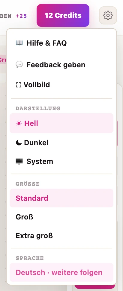 Das geöffnete Zahnrad-Menü mit Hilfe und FAQ, Feedback geben, Vollbild, Darstellung Hell/Dunkel/System, Größe und Sprache